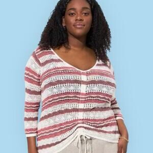 Torrid 2 Womens Plus Ivory Red Stripe Ponte Knit Drawstring Top Sweater 2X 18 20